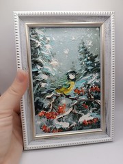 Winter Tit Original oil painting Impasto Signature Size 6*4 Winter landscape