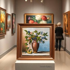 Original Oil Painting Floral Still Life Blue Berries White Blossoms Rustic Art