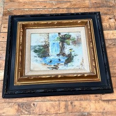 Vtg Wood Framed Oil Painting 18″ of Two People Swimming in Waterfall