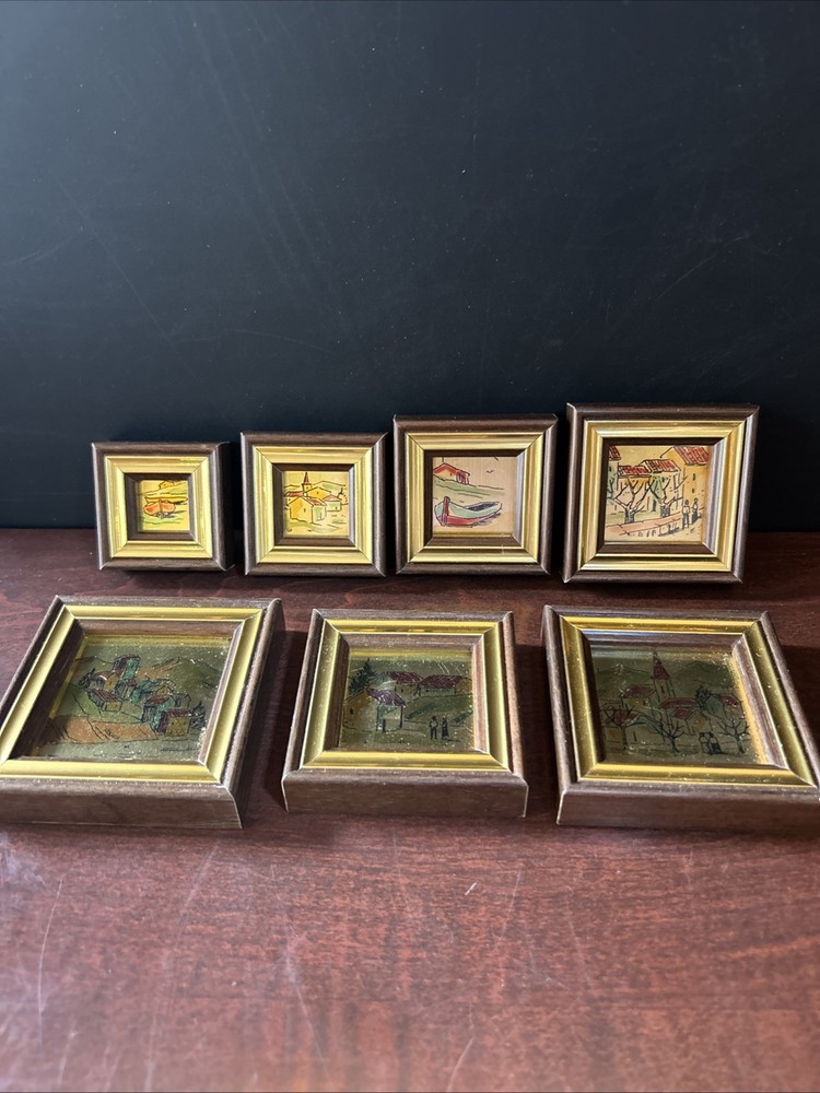 Vtg Set (7) Miniature Italian Gold Leaf Paintings Framed W/Original Box, Rare!
