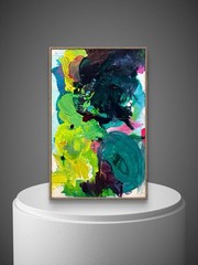 Original Abstract Dark Blue Green Yellow 10x15cm Wooden Panel Painting Tasmania
