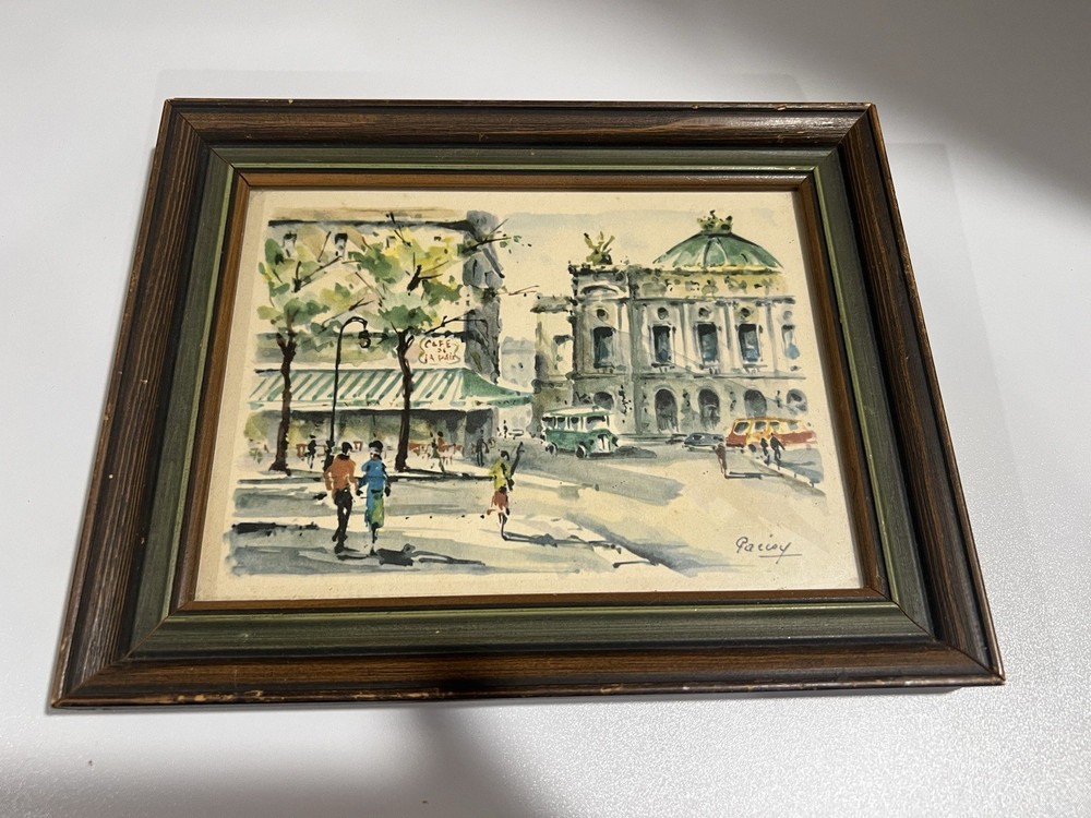 Signed Watercolor European Street Scene Café Cityscape Print Framed 8×10