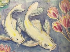 White Koi Carp Fish In a Pond Wall Art. Watercolor painting 11,5″ x 16,25″