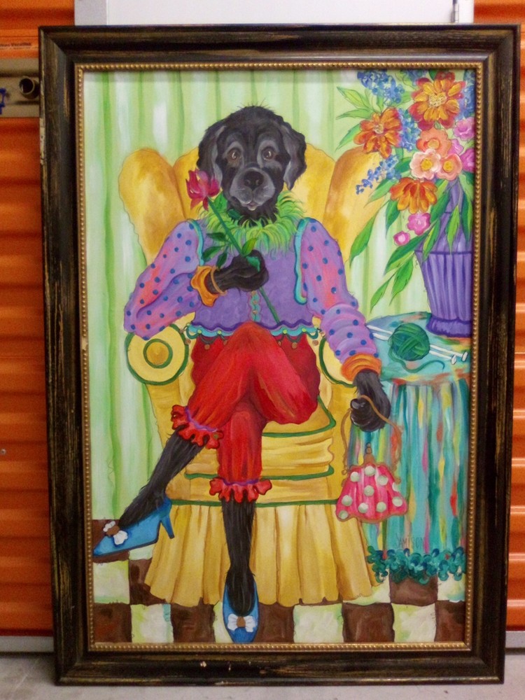 Karen Jamison Artist Original Painting  Signed Whimsical Folk Art Dog Painting
