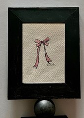 ACEO Original Painting Art Card, Mixed Media Line Drawing Pale Pink Bow Painting