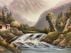 Oil Painting running waterfalls in mountains,small cabin,mountains forest 24×36”