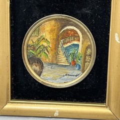 3 Miniature Round Painted New Orleans Courtyard Scenes Signed Hawkins Framed