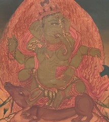 HAND-PAINTED NEWARI GANESHA THANKA PAINTING, OIL VARNISHED, SILK BROCADE MOUNT