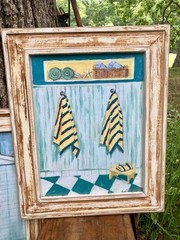 Cottage Bathroom Art – Set of 2 Signed Mixed Media Paintings by Carol L. Walker