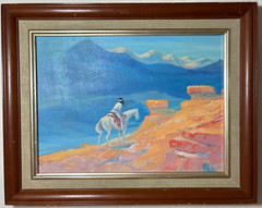 Native American South West Indian on White Horse Landscape Painting 12×16