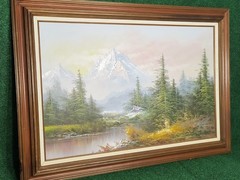 Vintage Large Mountains Landscape Oil Painting Canvas Original Wood Framed 24×36