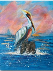COASTAL PELICAN AT SUNSET 14×11 Original Modern Art OCEAN ART Interior Design
