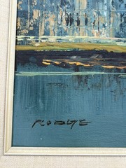 Oil Painting Coastal Cityscape MCM Vtg Landscape Modern Skyscrapers Signed Rodge