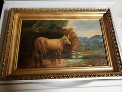 Antique 1850s COW painting Oil On Board
