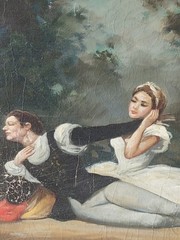 Italian Oil Painting Romantic Couple Medieval Scene Large Framed 20th Century