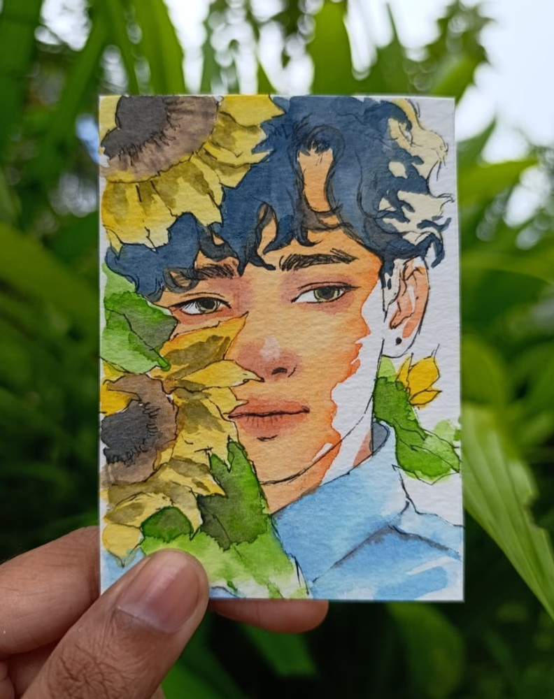 ACEO OOAK Original Watercolor Painting Portrait Boy Sunflowers Botanical Art