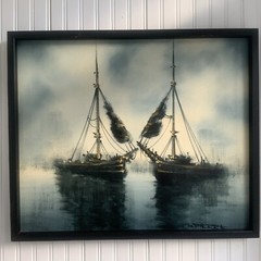 Beautiful Original Oil Painting of Ships Signed G. Pierre approx 21” By 25”