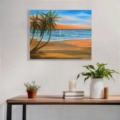 Original Seascape Painting. Tropical Island. Beach Sunset. 11×14″ OOAK Fine Art