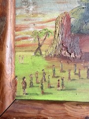 Vtg Original Oil Painting Tropical Indigenous Scene In Rustic Wood Frame, Signed