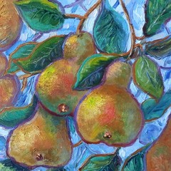 Original Oil Painting Pears on tree on Canvas Board 25x25cm Signed Art