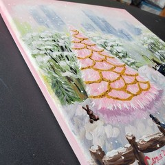 Original Acrylic Painting Pink Christmas Tree Ride Through the Park 12×12″