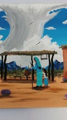 Tohono O’odham Tribe FR Juan ’97 Signed Acrylic Painting Village Scene AZ 20×16