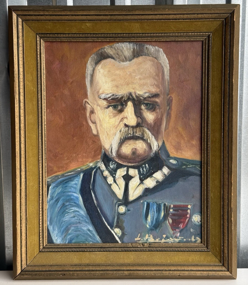 Vintage Oil Painting Józef Piłsudski Portrait Signed L. Bajena Framed 15×18