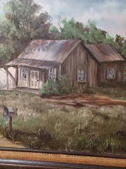 LOVELY PEACEFUL OIL PAINTING OF HOMESTEAD, ROAD, TREES, COUNTRY SIGNED M HILL