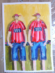 Original Naive Art Twins Boys Portrait Whimsical Men Colorful Painting People