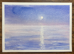 Original Watercolor Painting Seascape Ocean Sea Night Moon – 5×7 inches – NEW