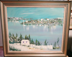ALFRED BIRDSEY HUGE ORIGINAL OIL ON CANVAS BERMUDA SEAPORT SCENE PAINTING 1986