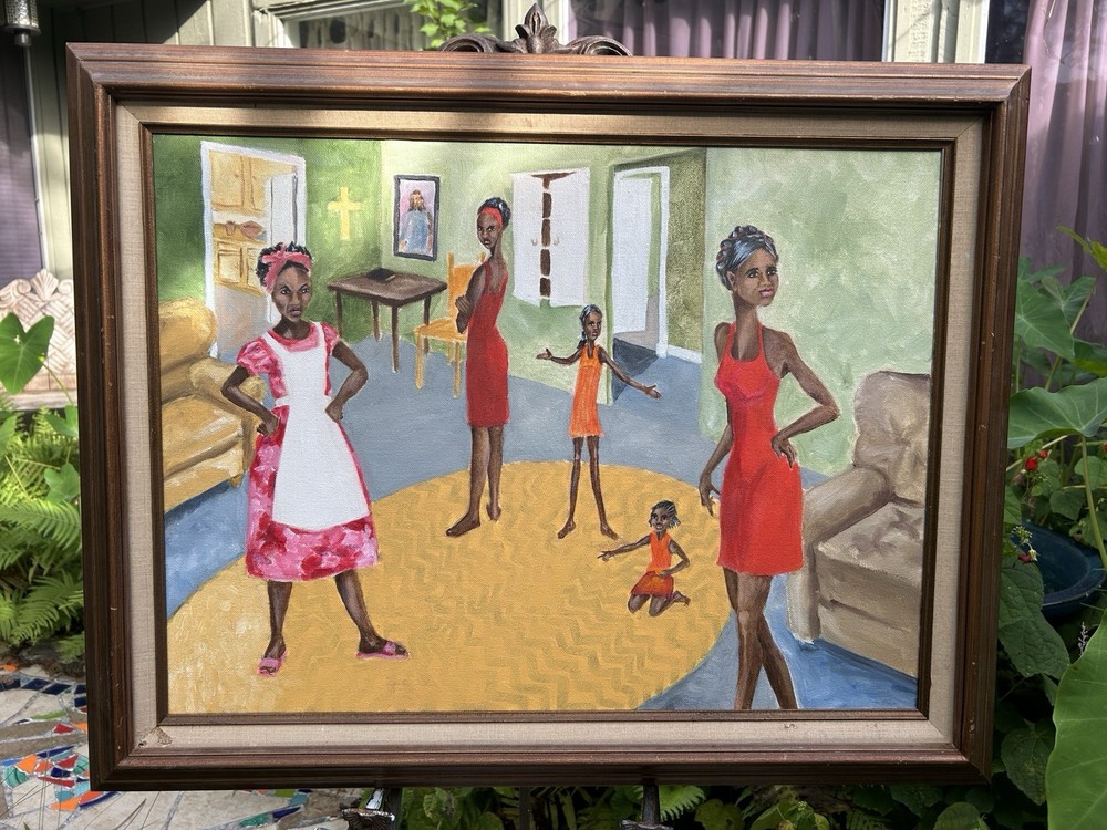 Acrylic on Canvas Women With Children, Bright Colors, Framed, Unsigned Folk Art