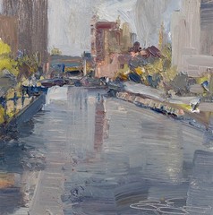 original oil painting of the providence canal, 12×12 inches on board, 2025.