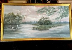 Lexie Moye Sign Oil Painting Original Egret Swamp Scene Georgia Coast 12×24”