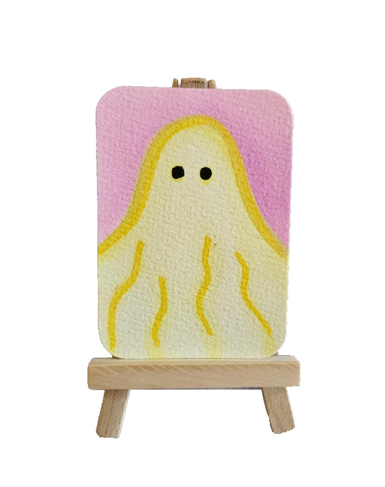 ACEO Original Painting Yellow Ghost Watercolor Tiny Art Pastel Pink Spooky Cute