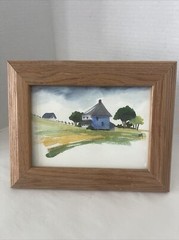 American Farmhouse Landscape Painting Signed Homestead Original Wood Framed 7×9”