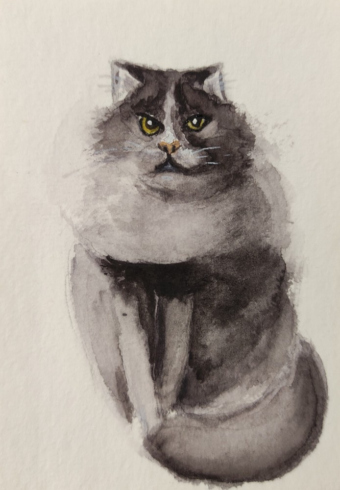 ACEO Original Watercolor Painting The Lovable Black Cat Portrait