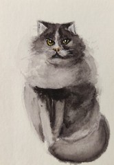 ACEO Original Watercolor Painting The Lovable Black Cat Portrait