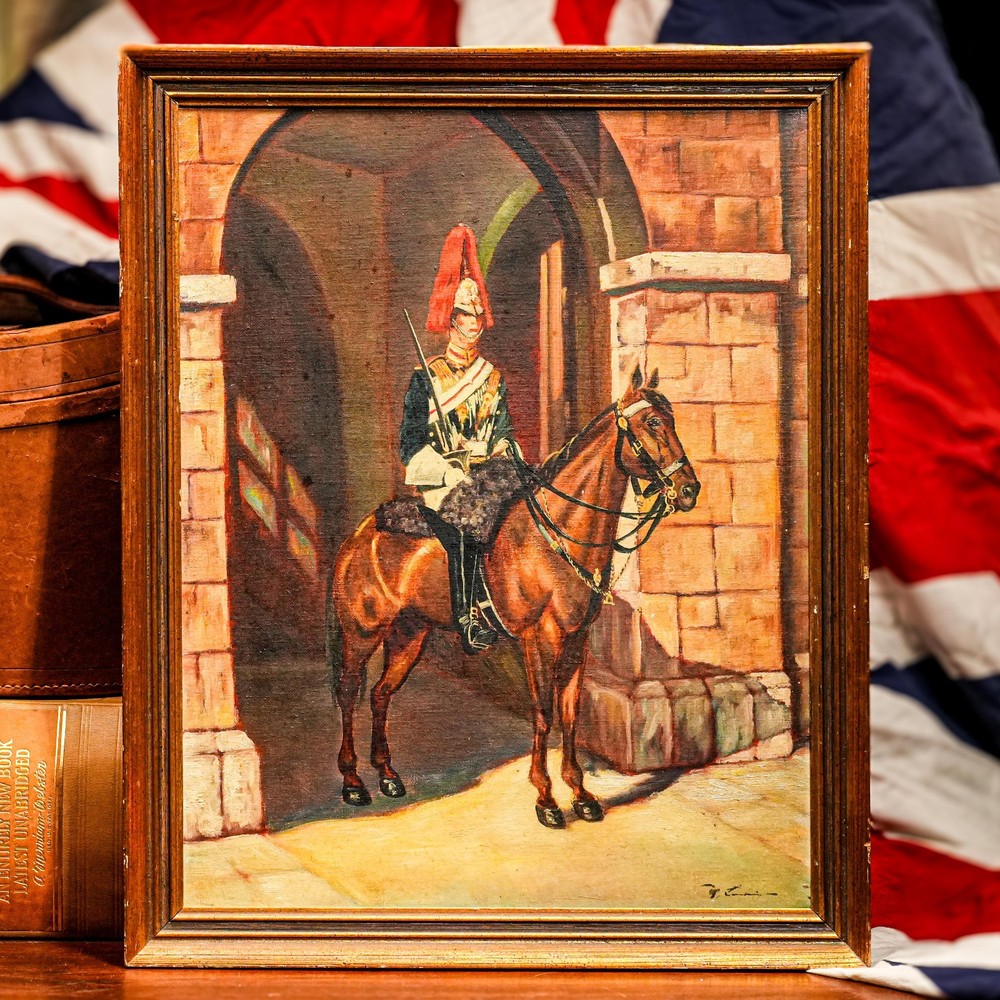 Ceremonial Guard British Military Soldier Horse Royal Mews Antique Oil Painting