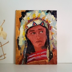 Indian Leader Painting Western Original Oil Art Abstract Modern Small Artwork