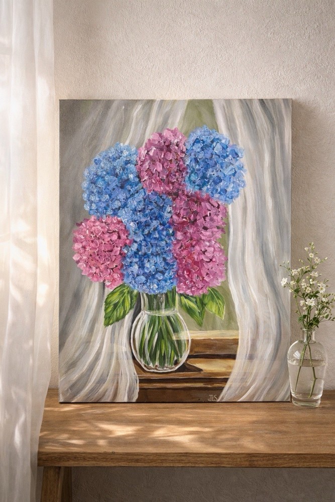 Hydrangea Flower Painting Blue Pink Floral Wall Art Cottage Decor 18×20