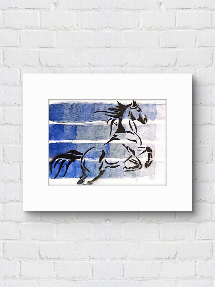 Original Horse Painting 12×9 Acrylic Blue Black White Figurative Signed