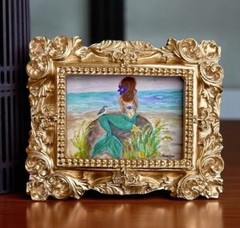 Mini Mermaid Art Print in Ornate Gold Frame – Beach Ocean Fantasy Decor