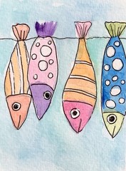 Aceo By Kenna Art Collector Card 2.5”” X 3.5” Fish Painting Original