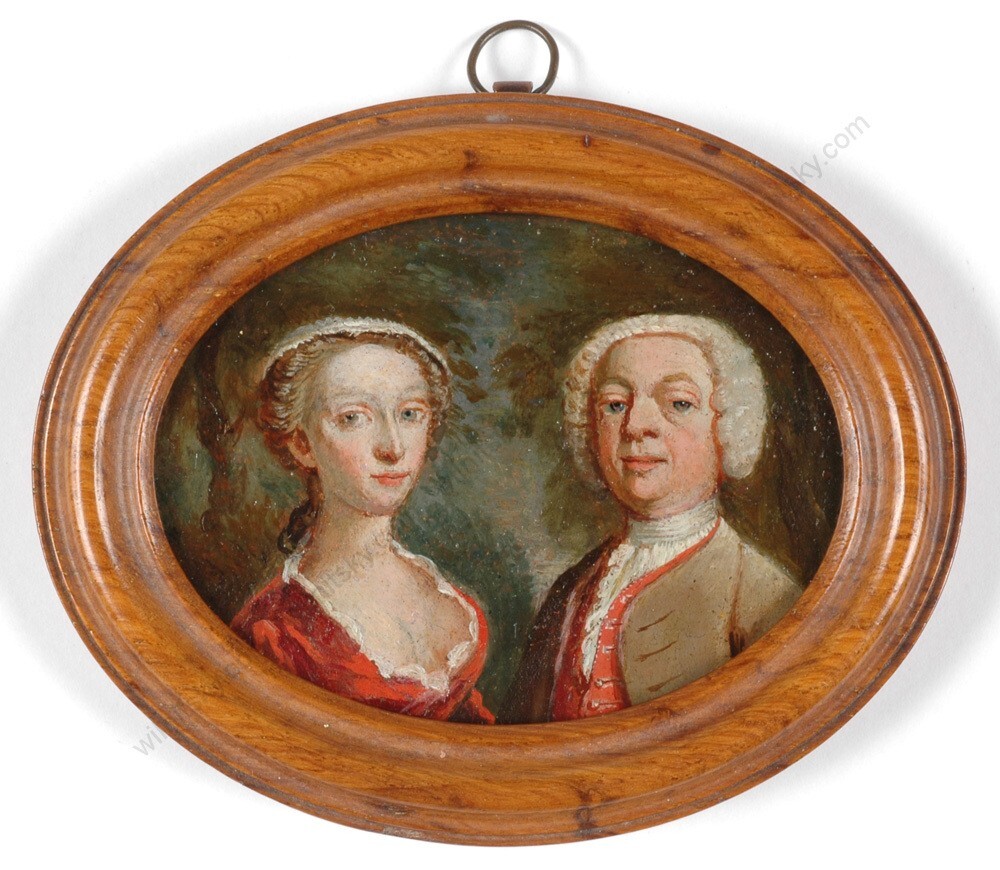 „Portrait of an English married couple“ oil on copper miniature, ca. 1745 (m)