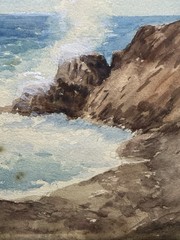Watercolor And Gouache Framed: Nice Castle Rock Seascape, Rocher