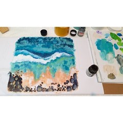 Surfboarder Painting Beach Waves Seascape Original Art Surfer Stones Surfing
