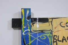 JEAN-MICHEL BASQUIAT ACRYLIC ON CANVAS 1982 WITH TIED WOOD SUPPORTS 35 X 35 in
