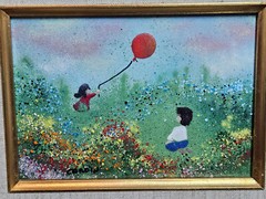 Vintage Louis CARDIN Enamel on Copper Painting Girl w Balloon & Boy Flowers