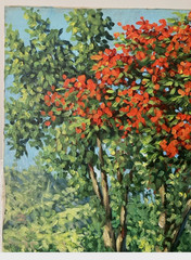 Jorge Romero vintage 80’s painting Campo y Flamboyanes -Puerto Rico Art Latin Am